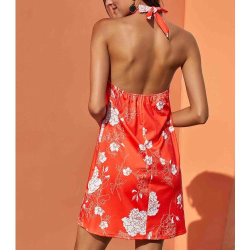 Women's Casual Sleeveless Floral Mini Dress Summer Beach Halter Neck Dresses
