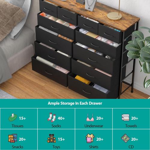 VASICAR Dresser for Bedroom with 12 Drawers, Tall Fabric Drawer Dresser, Compact Chest of Drawers for Closet, Nursery, Bedside, Living Room, Laundry, Entryway, Hallway