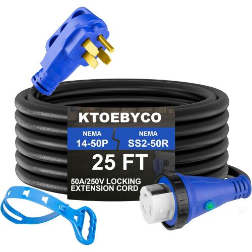 50 Amp RV Extension Cord 25 ft 250V Heavy Duty STW 6/3 8/1 Gauge Pure Copper RV Power Cord, Twist Lock ETL Listed NEMA 14-50P to SS2-50R Cable with Power Indicator& Polarity Lamp