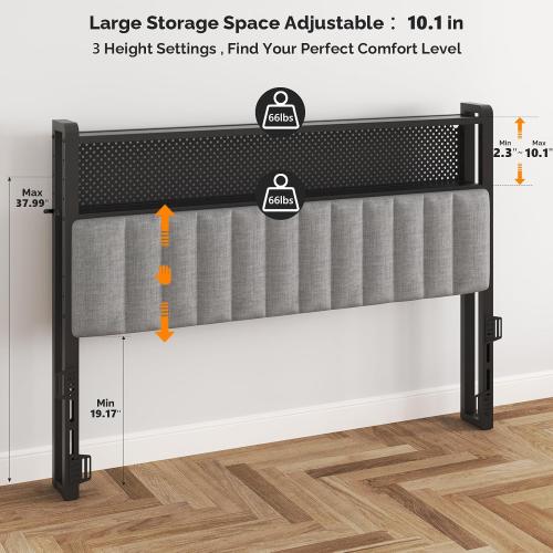 VINGLI Full Size Headboard Only, Upholstered Head Board with 2 Tier Shelves and Pegboard with Charging Stations and LED Lights, Modern Bed Headboard with Storage for Bedroom Decor, Linen Gray