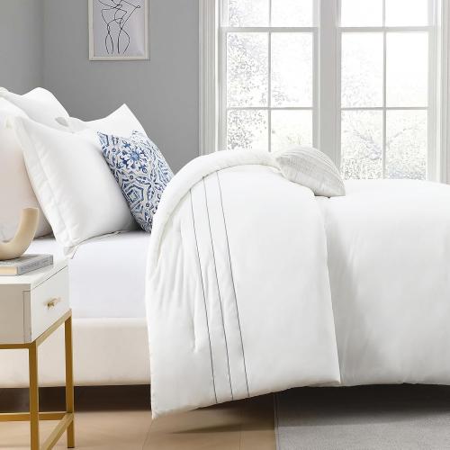 SahSahCasa Long-Staple Cotton Comforter Set King Size, Fluffy Bedding Set for King Bed, Embroidery Striped Lightweight Quilted Bed Set, 104 × 90, 3pcs, White