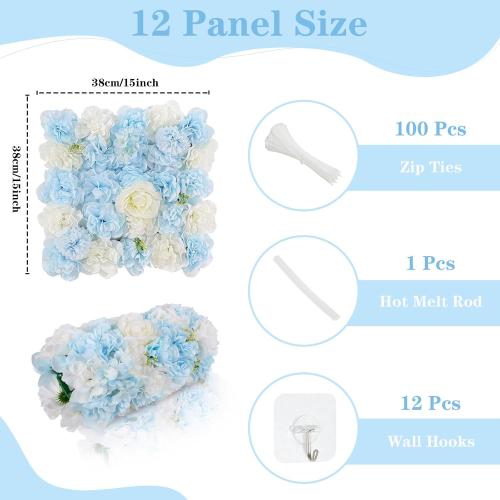 MoKoHouse Blue Backdrop Artificial Flower Wall: 12 Packs 15x15 Inches Photo Backdrop Panels Silk Flower Wall for Wedding Party Baby Bridal Shower