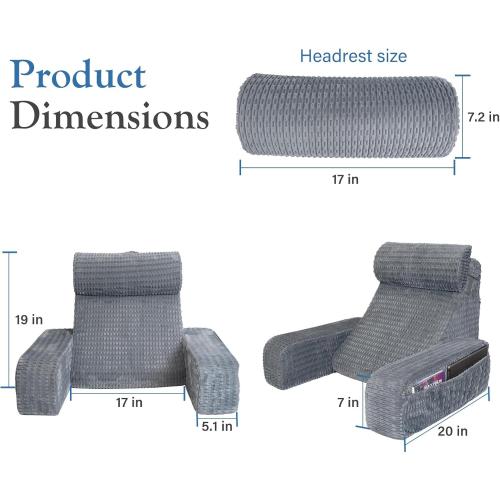 Color Grey Selectico Reading Pillow for Bed, Back Pillow for Bed Sitting up, Big Pockets & Built-in Arms, Backrest Cushion, Wedge Support for Reclining/Reading/Resting/Watching TV, Washable Cover, Grey
