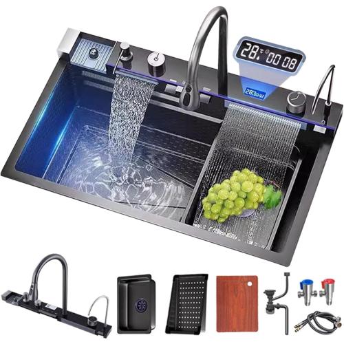 Kitchen sink double waterfall sink with LED display with cup washer, soap dispenser, waterfall mixer, worktop controller, etc. workstation kitchen sink (Gun grey, 29.5 * 18.1 * 8.7 IN)