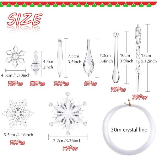 FEPITO 85 PCS Christmas Decoration Acrylic Snowflake Icicles Christmas Tree Icicle Snowflake with Crystal Line Ornaments Set for Christmas Party Decorations