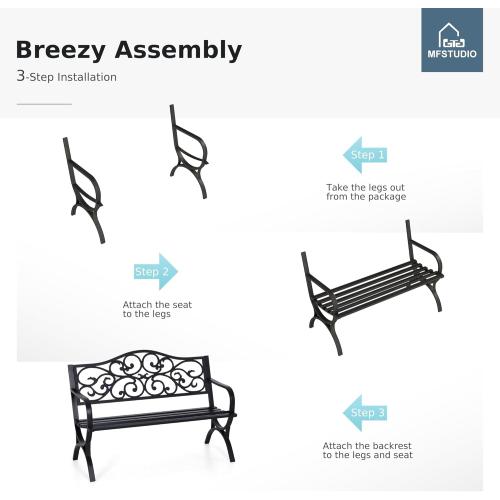 MFSTUDIO 50 Inches Outdoor Garden Bench, Cast Iron Metal Frame Patio Park Bench with Floral Pattern Backrest, Arch Legs for Porch Lawn Garden Yard(Black)