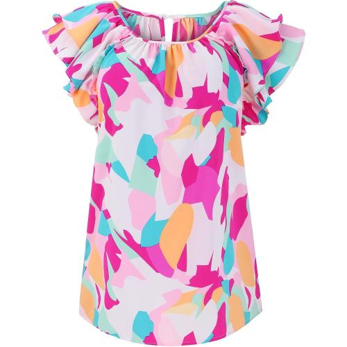 Size XL Women's Personalized Abstract Non Positioning Print Set Head Ruffle Short Sleeve Tunic