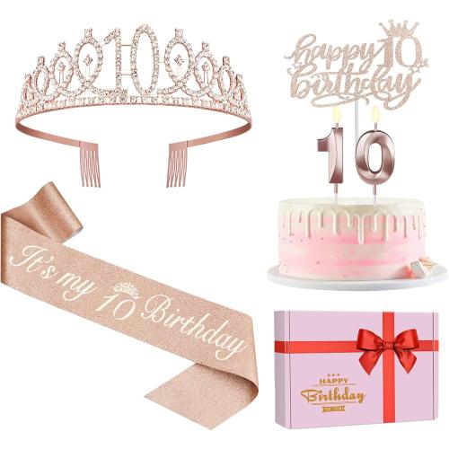 10th Birthday Decorations for Girls, Including Sash, Crown/Tiara, Candles, Cake Topper. 10th Birthday Gifts for Girls, Rose Gold Party Decor Supplies