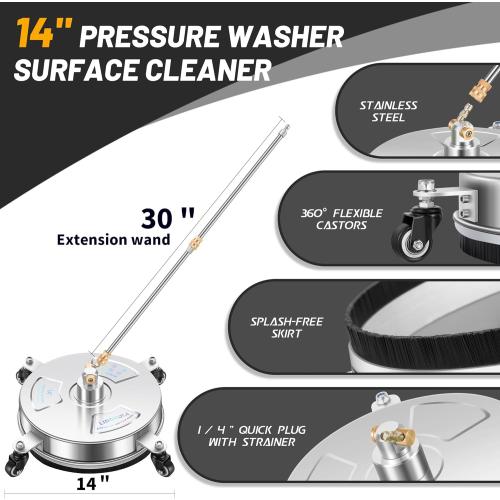 14 Pressure Washer Surface Cleaner with 4 Wheels - Stainless Steel Surface Cleaner for Pressure Washer Attachment for Concrete, Patio, Sidewalk, Deck and Driveways - PWS14