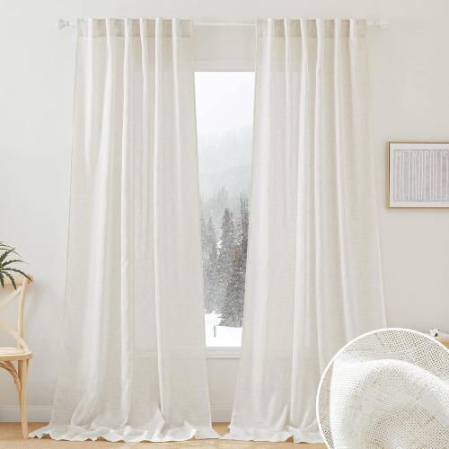 RYB HOME 108 inch Curtains - Flax Linen Blend Semi Sheer Light Glare Filtering Extra Long Drapes for Living Room Dining Doorway Farmhouse Office Sunroom, Linen, Wide 52 by Long 108, 2 Panels