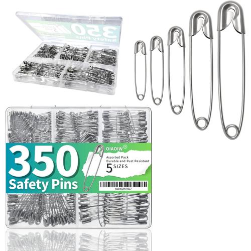 350 Pack Silver Safety Pins for Clothes 5 Assorted Sizes Strong Heavy Duty