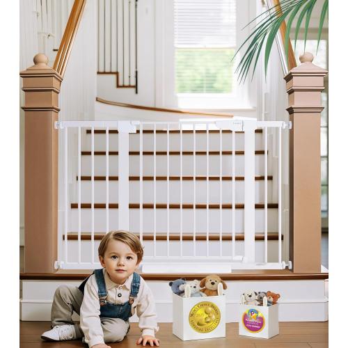 Cumbor 29.7-48 Baby Gate for Stairs, Mom's Choice Awards Winner-Dog Gates for Doorways, Auto Close Safety Pet Gate for Dogs Indoor, Easy Install Pressure Mounted Child Gate with Walk Thru Door, White