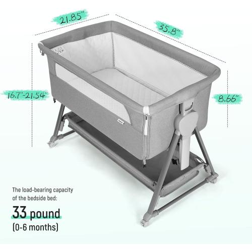 Cowiewie Bassinet Bedside Sleeper, Baby Bassinet with 7 Adjustable Height, Bedside Bassinet for Baby with Storage, Breathable Mesh & Mattress, Portable Bassinet Easy Folding (Pyramid Light Gray)