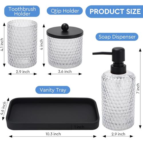 Bathroom Accessory Set,4 Pcs Clear Glass Bathroom Accessories Set-Lotion Soap Dispenser,Toothbrush Holder,Qtip Holder Dispenser & Resin Vanity Tray,Countertop Vanity Organizer,Crystal Clear