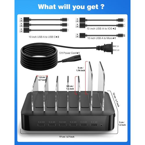 MSTJRY Charging Station for Multiple Devices : 6 Port USB Charger Stations - Family Multi-Device Organizer Charging Dock - Designed for iPhone iPad Android Cell Phone Tablet and Electronic, Black