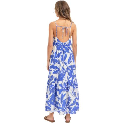 Floral Maxi Dress, Spaghetti Straps V-Neckline, Scoop-Back with Tie Detail, 100% Polyester, S/M/L