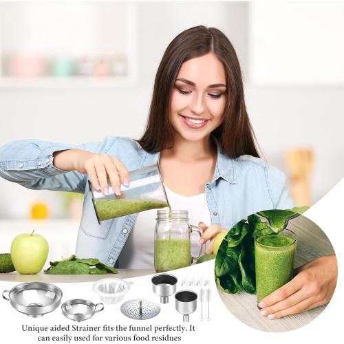 Set of 12 pcs Gejoy 12 Pcs Metal Canning Funnels Set Wide Mouth Mason Jar Funnels for Filling Stainless Steel Kitchen Filter with Strainer Mesh Filter Brushes and Adhesive Hooks, Silver