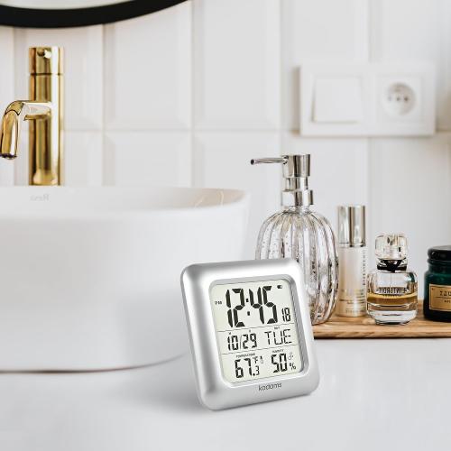KADAMS Bathroom Clock 9.5 Kitchen Wall Clock with Large LCD Screen – Shower Clock with Suction Cup,Temperature, Humidity, Calendar – Water-Resistant, 4 Mounting Options, Silver