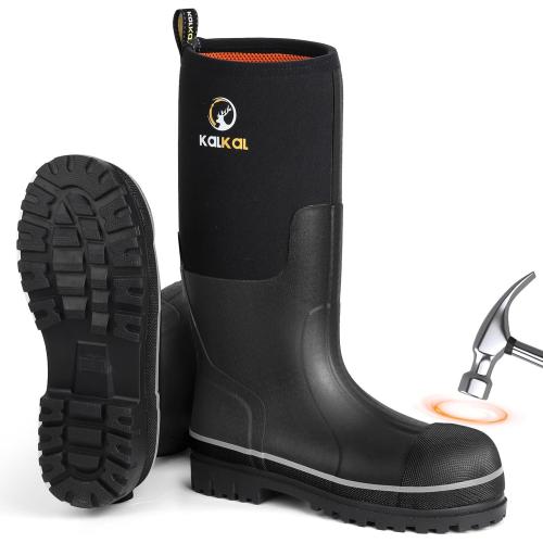 Size 9-10 Kalkal Steel Toe Rubber Boots For Men, Waterproof Rubber Work Boots With Steel Shank, Puncture-Proof Safey Composite Toe Hunting Boots for Farming, Gardening, Fishing, Outdoor Work