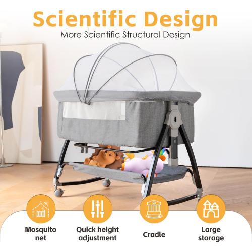 Bedside Crib, 3 in 1 Bassinet with Quick Height Adjustment and Mosquito Nets Rocking Bassinet for Baby, Bedside Bassinet with Wheels, Easy to Fold, Golden Triangle Structure（Grey）