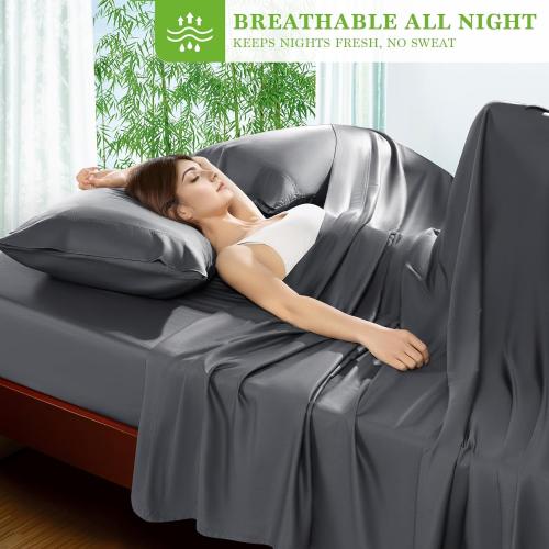 Shilucheng 100% Viscose Derived from Bamboo_ Sheets Set, Ultra Breathable Cooling Bed Sheets, 5-Star Hotel Quality Sheets, 16 Inch Deep Pocket - 6 Piece (Dark Grey, Queen)