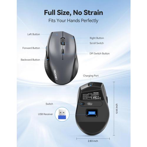 TECKNET Wireless Mouse Rechargeable,Mouse for Laptop Computer,2.4G USB Computer Mice Wireless,6 Button 6400 DPI Ergonomic Silent Mice,Portable Cordless Travel Mice-Wide Compatibility