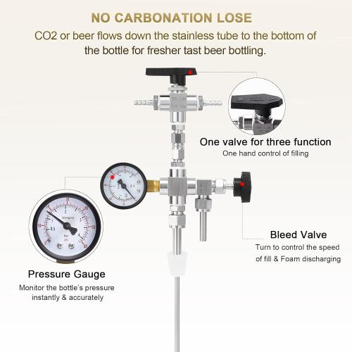 Counter Pressure Bottle Filler Stainless Steel Bottle Filler Counter Pressure Beer Bottling Wand 60psi CO2 Gauge 1/4 & 5/16 Barb Homebrew Beer Bottle Filler Hand Held Bottle Filler 3ft Hose