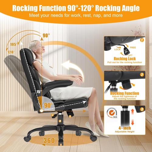 Executive Office Chair with Flip-up Armrests,Ergonomic Computer Desk Chairs,Mid-Tall Back Leather Office Chair,Lumbar Support Swivel PC Chair with Rocking Function