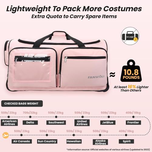 Fanwoli 28 Dance Bag with Garment Rack | Upgraded Stable System & Fabric | More Lightweight & Wear-Resistant | Ideal Competition Rolling Duffle Bag | Pink/Black Trim