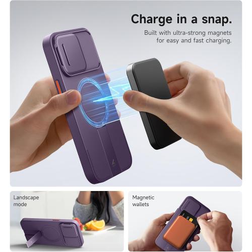 SURITCH for iPhone 14 Pro Max Case with Magnetic Camera Slide Cover and Adjustable Kickstand, Compatible with MagSafe, Shockproof Bumper Case Slim Protective Cover 6.7 Inch, Dark Purple