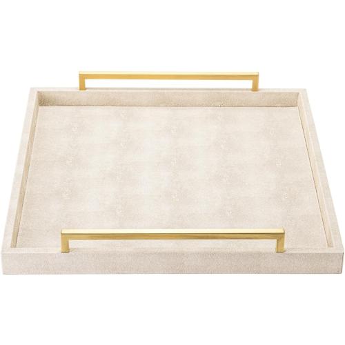 Large Ottoman Tray for Coffee Table,Square Shagreen Leather Decorative Tray with Gold Handles for Living Room Decor