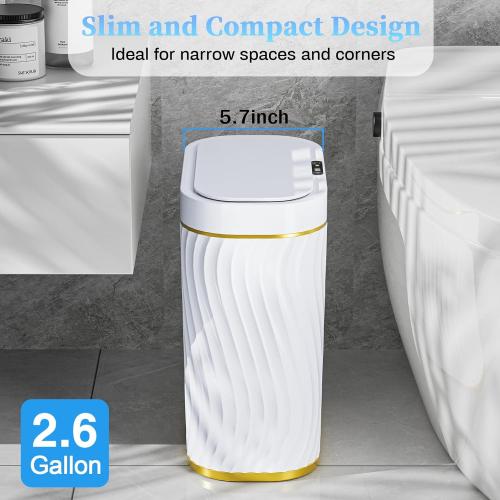 steo spce Automatic Motion Sensor Bathroom Small Trash Can with Lid, 2.6 Gallon Touchless Slim Garbage Can, Smart Waterproof Trash Bin for Bedroom, Restroom, Living Room, Office