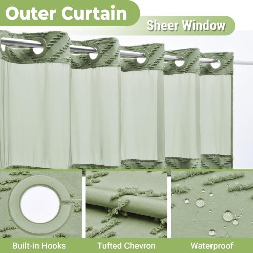 No Hook Shower Curtain with Snap in Liner, Tufted Chevron Striped Shower Curtain Set for Bathroom, Boho Waterproof and Washable Shower Curtains,71Wx74H, Sage Green