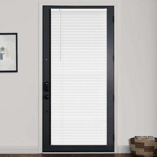 LazBlinds 1 Vinyl Mini Blinds for Doors, Cordless French Door Blinds for Privacy, Light Filtering Privacy Horizontal Shades for Front Door Patio Sidelight Glass Door, 34 W x 72 H, White