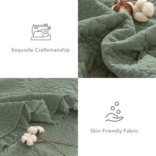 QSH Green Stonewashed Cotton Oversized King Quilt Bedspread Set(128x120),3PCs Farmhouse Ruffled Bedspread California King,Ultra Soft Lightweight Crinkled Quilt Coverlet Set with Pillow Shams