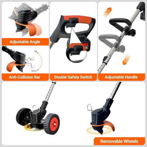 ORANGE AND BLACK Cordless Electric Weed Wacker with Wheels, 3-in-1 Lightweight Weed Eater/Brush Cutter/Grass Trimmer Battery Powered, Includes 21V 2×4.0Ah Batteries, 5 Types Blade & Charger, for Lawn Yard Garden