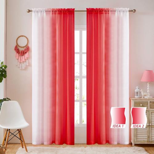 Ombre Faux Linen Sheer Curtains for Bedroom Living Room Rod Pocket, Privacy and Light Filtering, 2 Tone Reversible Gradient Voile Semi Window Curtains, Set of 2 Panels, Red, 54 x 96 Inch Length