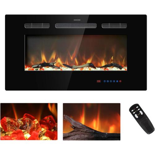 Kentsky 33 inches Electric Fireplace Inserts, Recessed and Wall Mounted Fireplace Heater, Linear Fireplace w/Thermostat, Remote & Touch Screen, Multicolor Flame, Timer, Log & Crystal, 750W/1500W