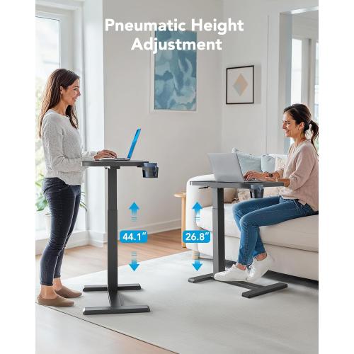 HUANUO 32Inch Bedside Table with Wheels, Height-Adjustable Rolling Computer Cart, Overbed Table with Cup Holder, Pneumatic Laptop Standing Desk for Home Office, Black