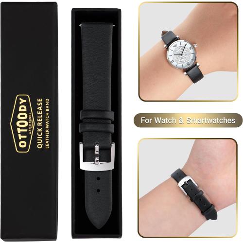 Color Black Leather Watch Bands Quick Release Watch Straps, Elegant & Ultra-Soft Top Grain Leather Watch Band for Women Men, Choice of Color & Width - 12mm 14mm 16mm 18mm 20mm 22mm for Watch & Smartwatch