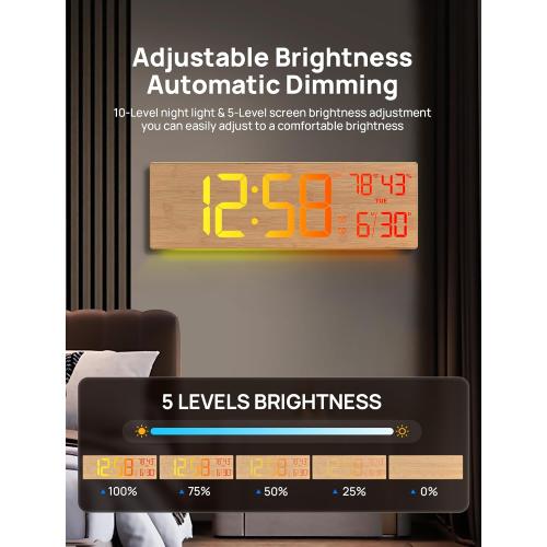 MASHI 18.5 Large Digital Wall Clock with Remote Control, Dual Alarm with Big LED Screen Dispaly,10 Adjustable Brightness, DST, Date Week,Temp for Living Room, Bedroom, Gifts for Elderly (Bamboo)