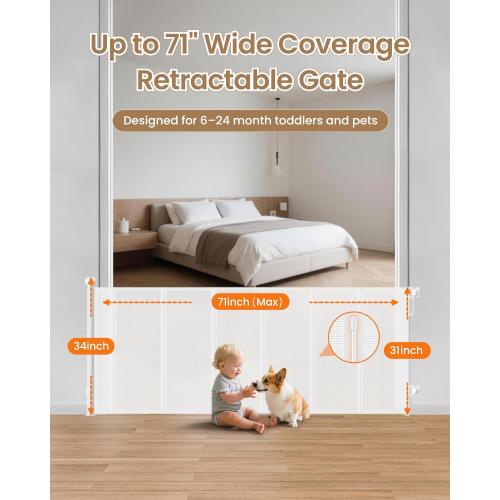 Upgraded Retractable Baby Gate - 71 Wide 34 Tall Mesh Child Safety Gate with High-Density Reinforced Rods, Easy One-Hand Operation Retractable Dog Gate, Fits Baseboards, White