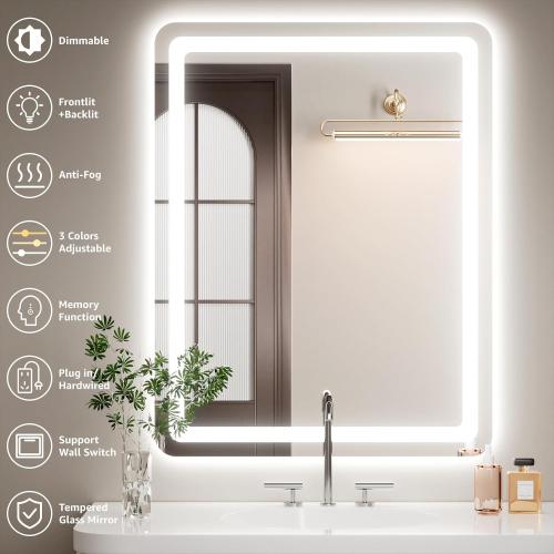 20L x 28W Led Bathroom Mirror with Lights, Anti-Fog & Tri-Color Lighting - Wall Mounted Shaving Mirror with Touch Sensor, Waterproof & Smart LED Vanity Mirror,Tempered Glass, Dimmable Smart Mirror