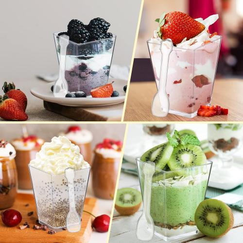 Eupako 100 Pack 5 oz Square Clear Plastic Dessert Cups with Spoons Small Clear Plastic Tumbler Cups Great for Desserts, Appetizers, Puddings, Mousse, Parfait