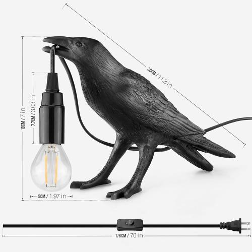 Gothic Raven Table Lamp with E14 Base - Lifelike Crow Bird Desk Light for Bedroom, Bedside & Home Decor - Animal Styling Resin Gothic Lamp (Black)