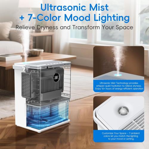 2-in-1 Dehumidifier and Humidifier Combo, 68 oz Tank with Auto Shutoff, Smart Humidity Control, 30-Second Rapid Dehumidification, 12H Timer, 7-Color LED Light for Home Use