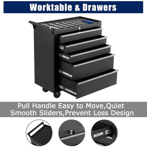 GarveeHome 5-Drawer Tool Chest, Rolling Tool Box with Wheels and Lock System, Portable Storage Rolling Tool Chest for Warehouse, Workshop & Repair Shop, Black