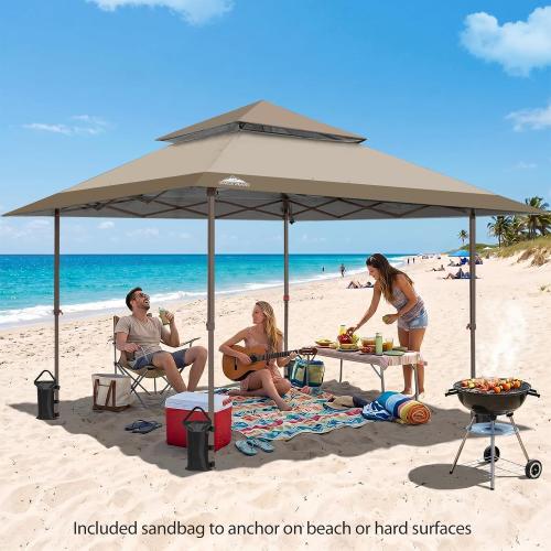 EAGLE PEAK 13x13 Straight Leg Pop Up Canopy Tent Instant Outdoor Canopy Easy Single Person Set up Folding Shelter w/Auto Extending Eaves 169 Square Feet of Shade (Beige)
