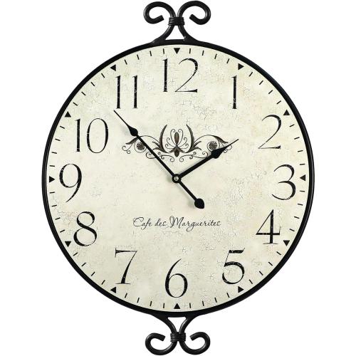 24 Inch Large Farmhouse Wall Clock, Wrought Iron Frame with Warm Gray Finish, Silent Battery Operated Wall Clock for Living Room Kitchen Bedroom