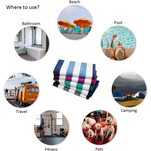 2 Bornbay Cotton Oversized Beach Towel - Extra Large 40X70 Plush Thick Pool Towel, XL Fluffy Stripe Beach Towels Teal Swimming Towel for Adults Mens Women (White Teal Blue)